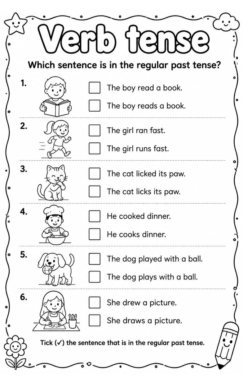 Which sentence is in the regular past tense? — free printable Grammar and mechanics English worksheet