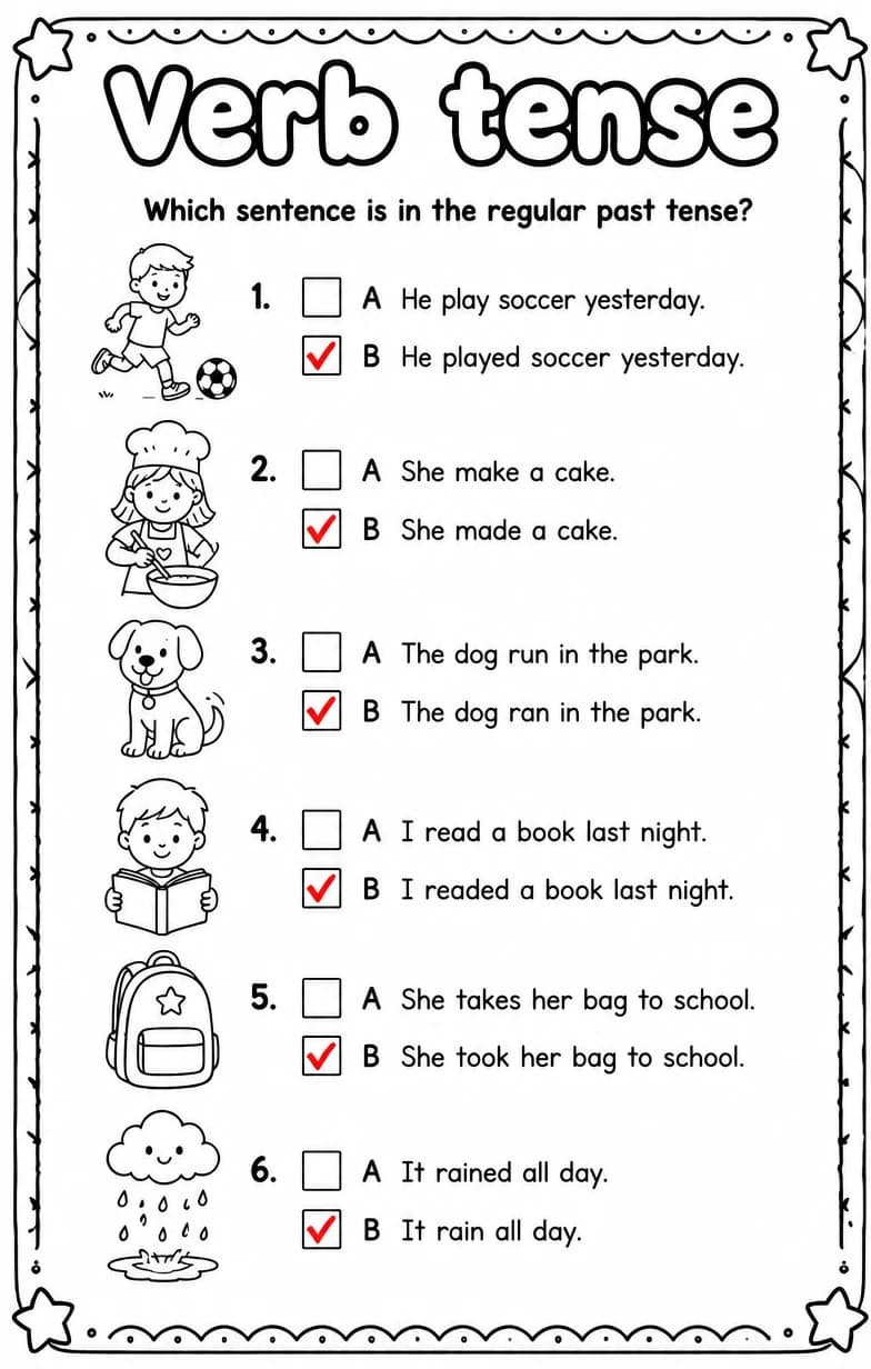 Answer key for Which sentence is in the regular past tense? — free printable English & Reading worksheet