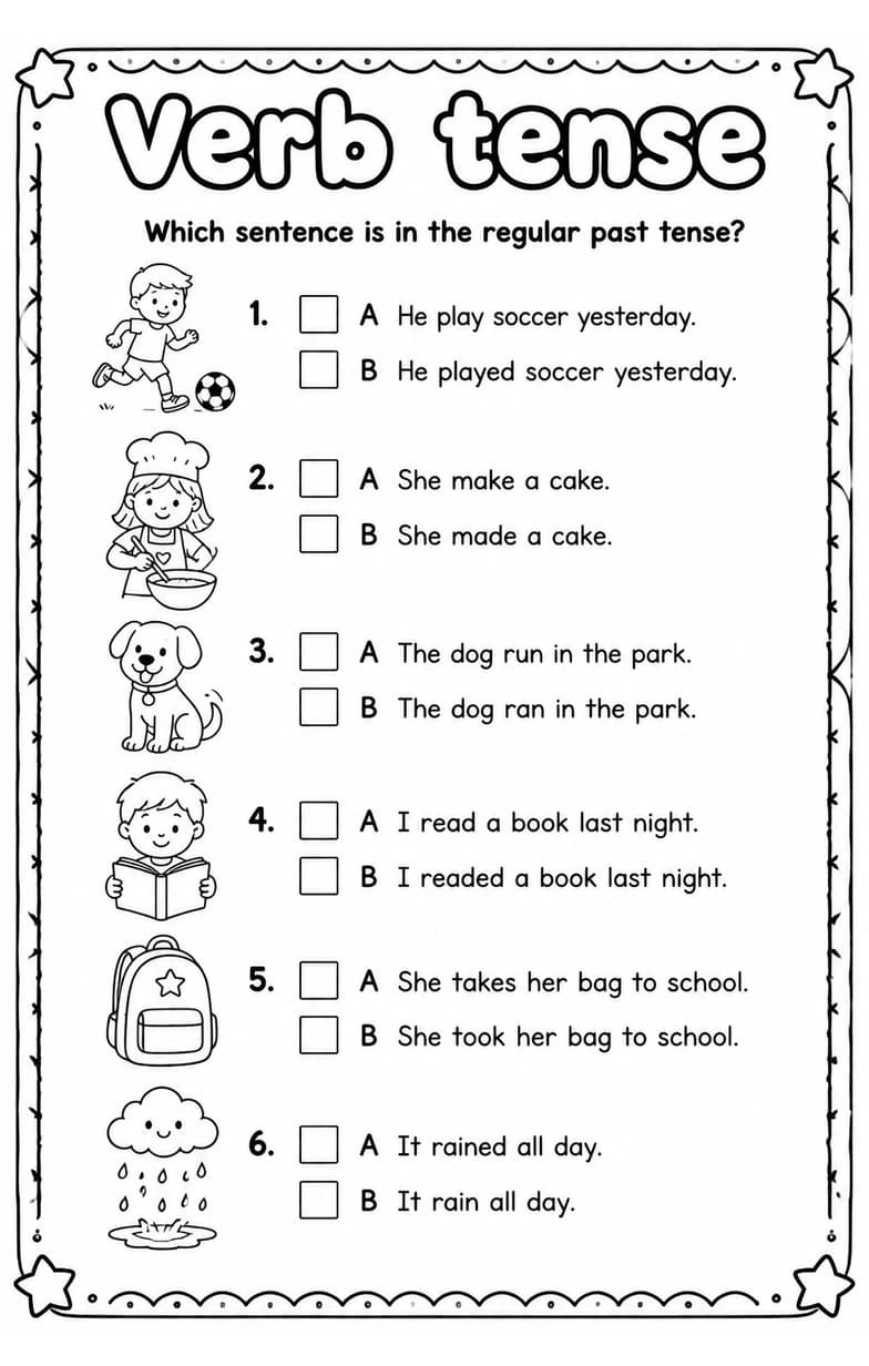 Which sentence is in the regular past tense? — free printable Grammar and mechanics English worksheet