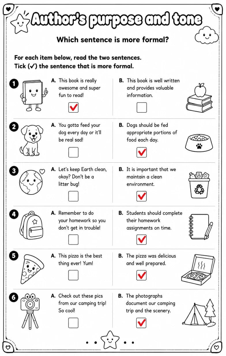 Answer key for Which sentence is more formal? — free printable English & Reading worksheet