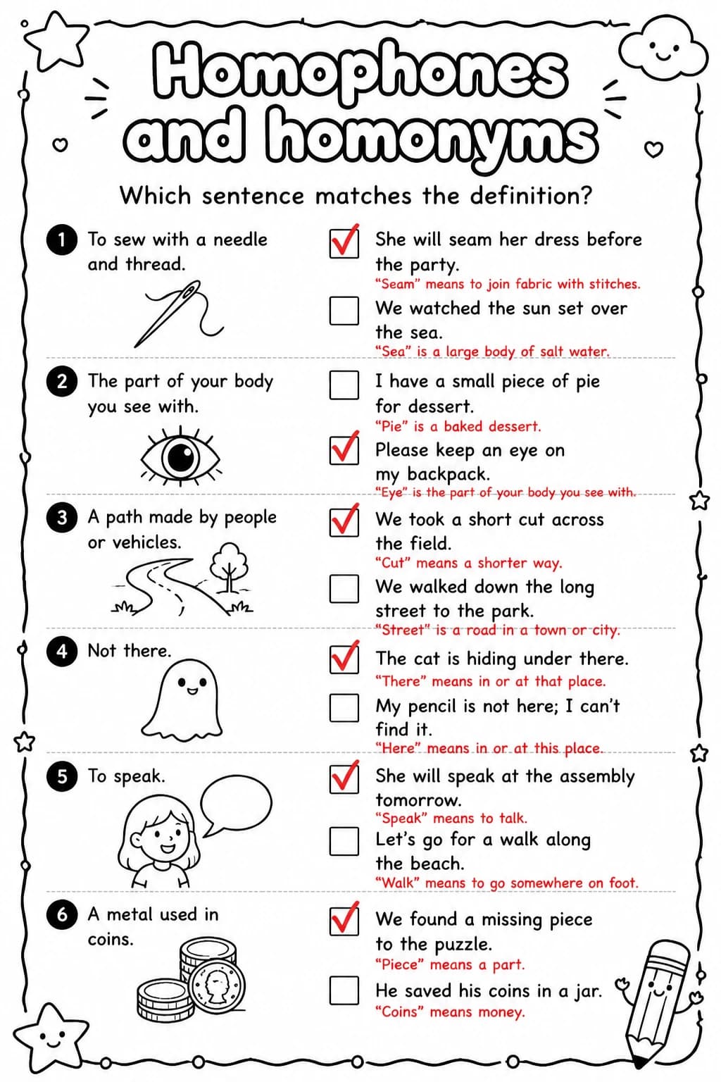 Answer key for Which sentence matches the definition? — free printable English & Reading worksheet