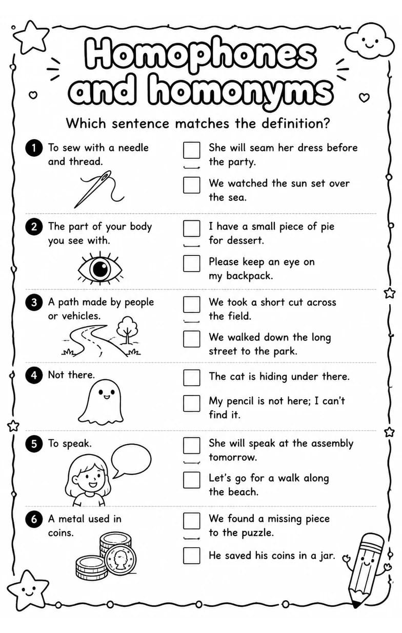 Which sentence matches the definition? — free printable Grade 3 English & Reading worksheet