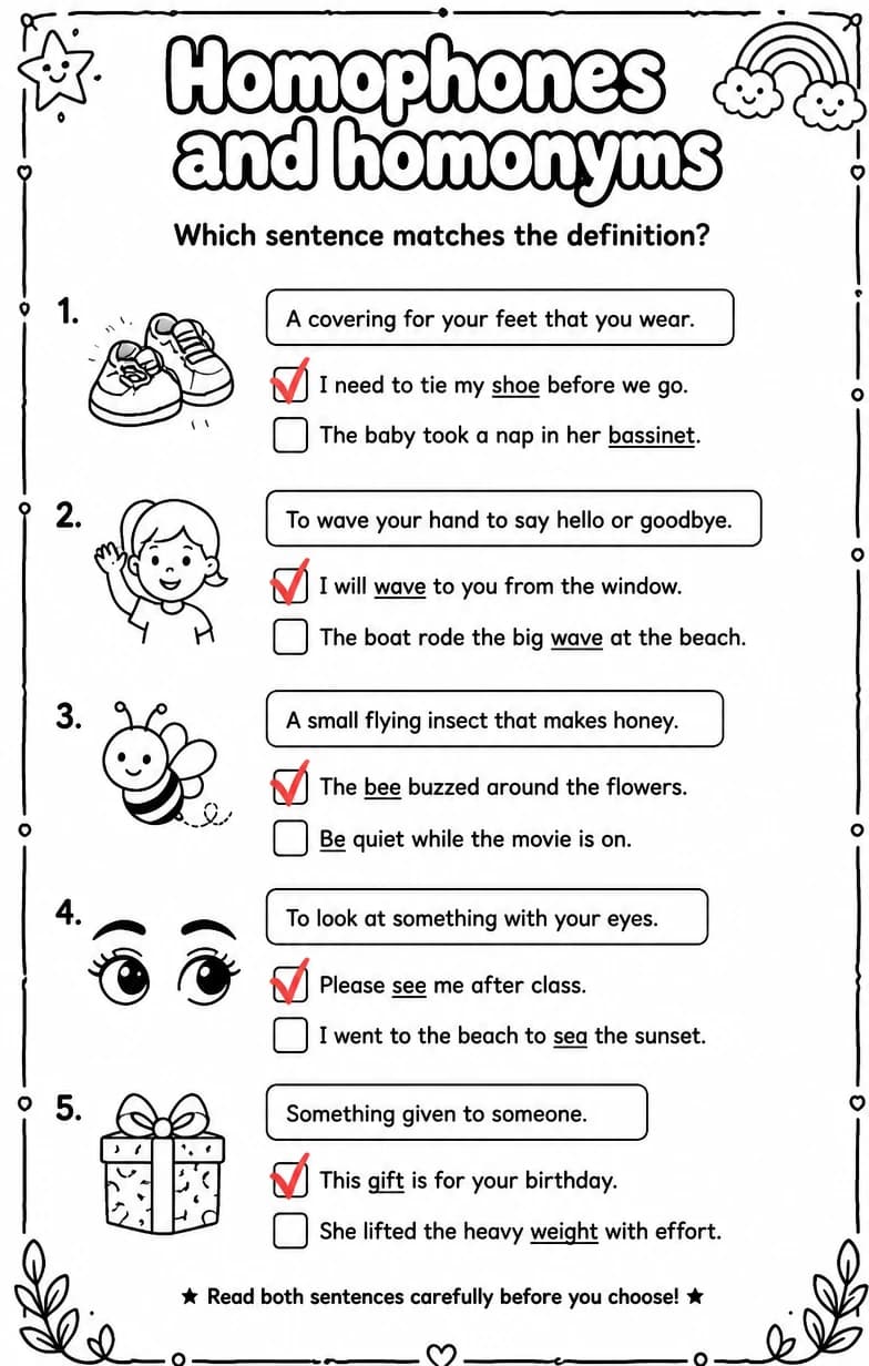Answer key for Which sentence matches the definition? — free printable English & Reading worksheet