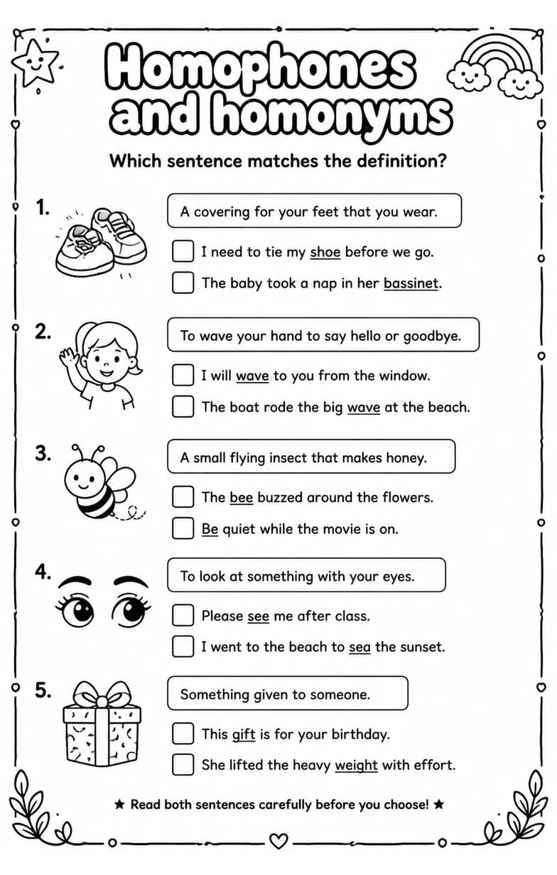 Which sentence matches the definition? — free printable Grade 4 English & Reading worksheet