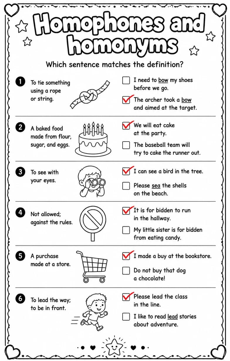 Answer key for Which sentence matches the definition? — free printable English & Reading worksheet