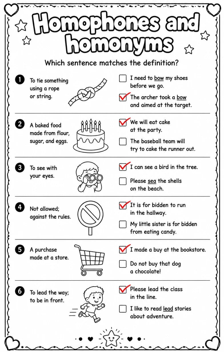 Answer key for Which sentence matches the definition? — free printable English & Reading worksheet