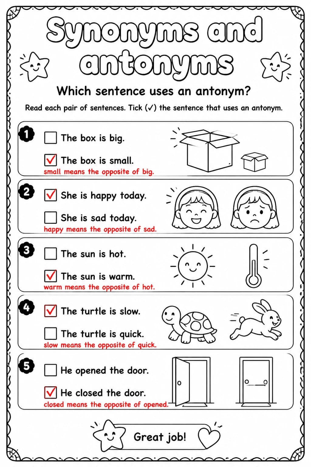 Answer key for Which sentence uses an antonym? — free printable English & Reading worksheet