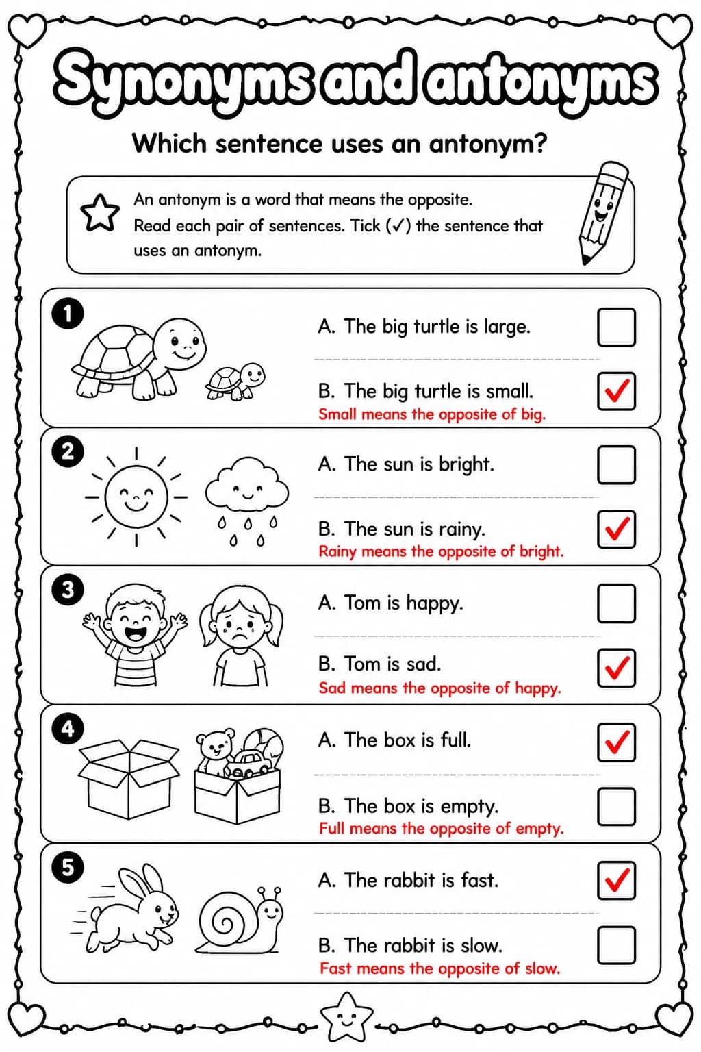 Answer key for Which sentence uses an antonym? — free printable English & Reading worksheet