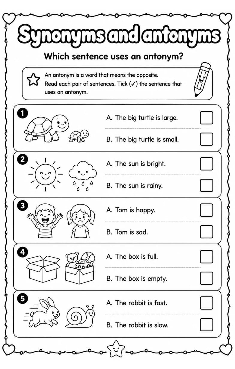 Which sentence uses an antonym? — free printable Grade 3 English & Reading worksheet