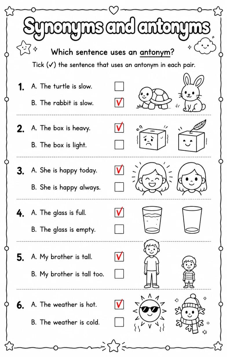 Answer key for Which sentence uses an antonym? — free printable English & Reading worksheet