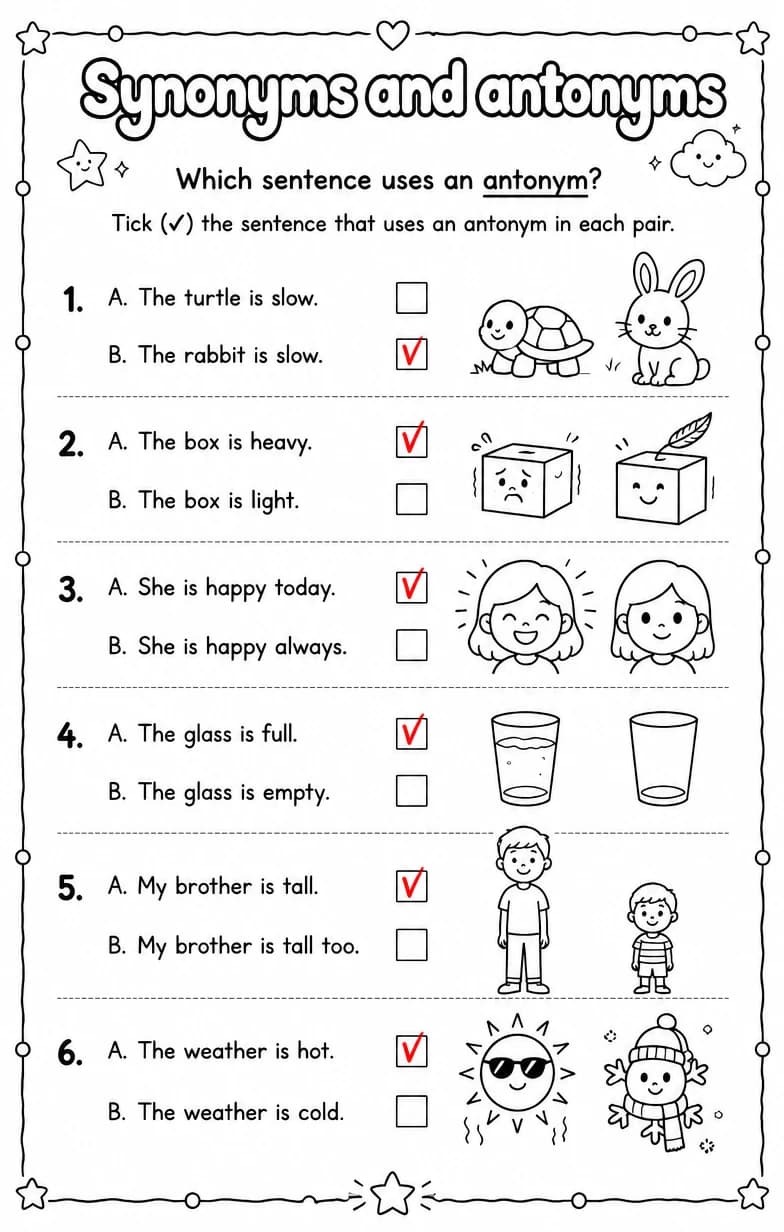 Answer key for Which sentence uses an antonym? — free printable English & Reading worksheet