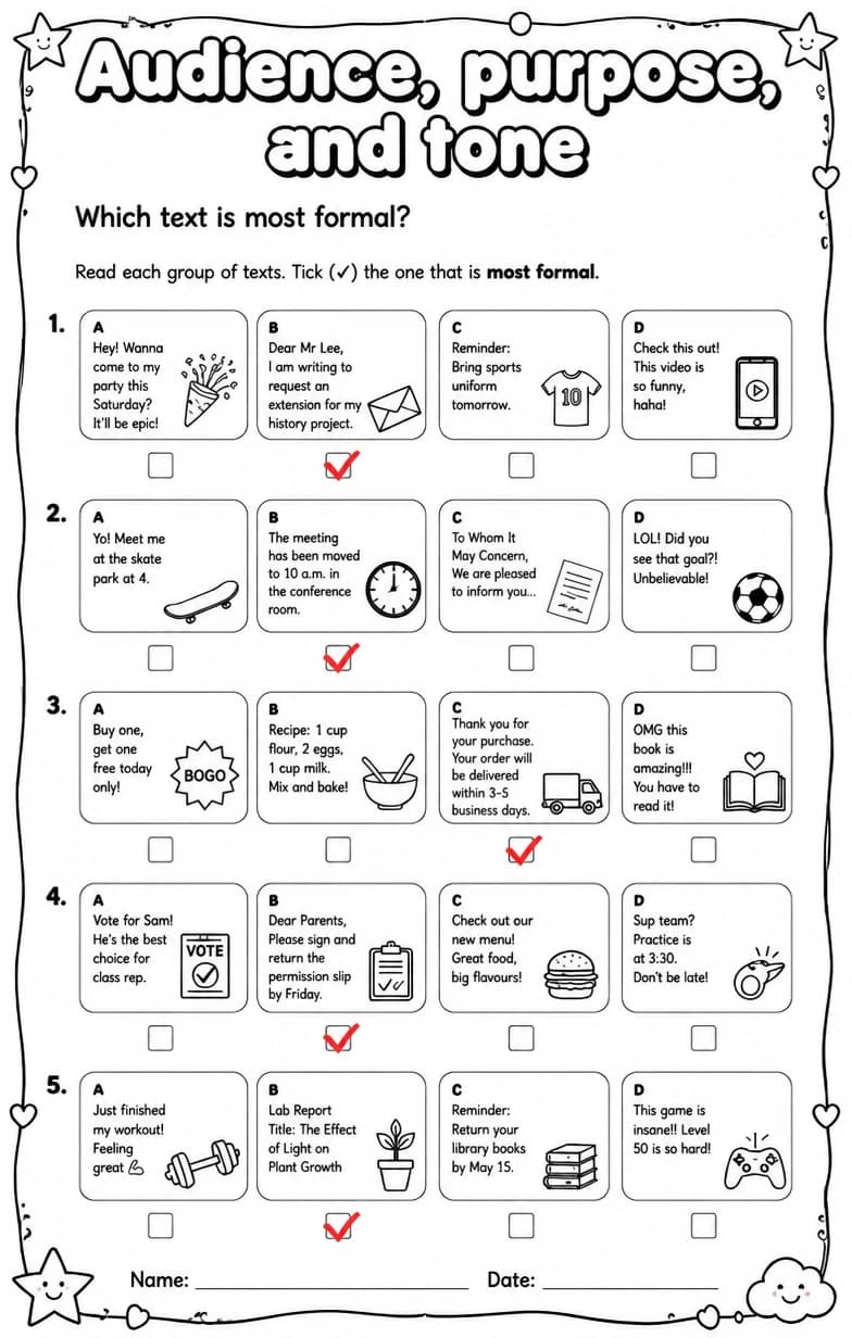 Answer key for Which text is most formal? — free printable English & Reading worksheet