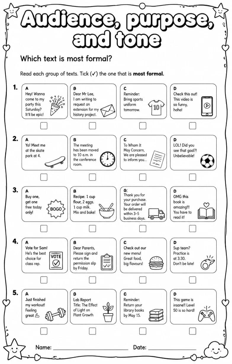 Which text is most formal? — free printable Reading strategies English worksheet