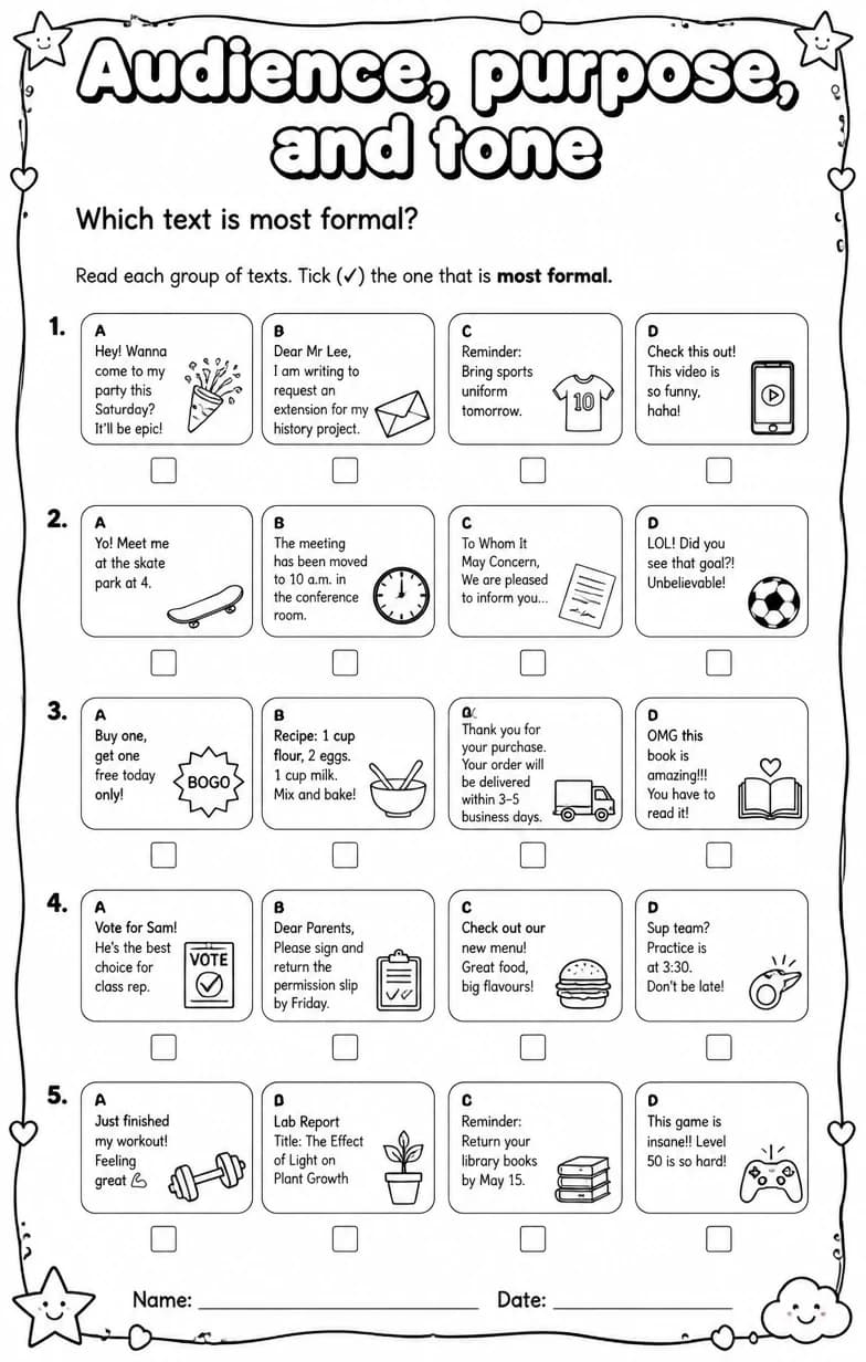 Which text is most formal? — free printable Reading strategies English worksheet