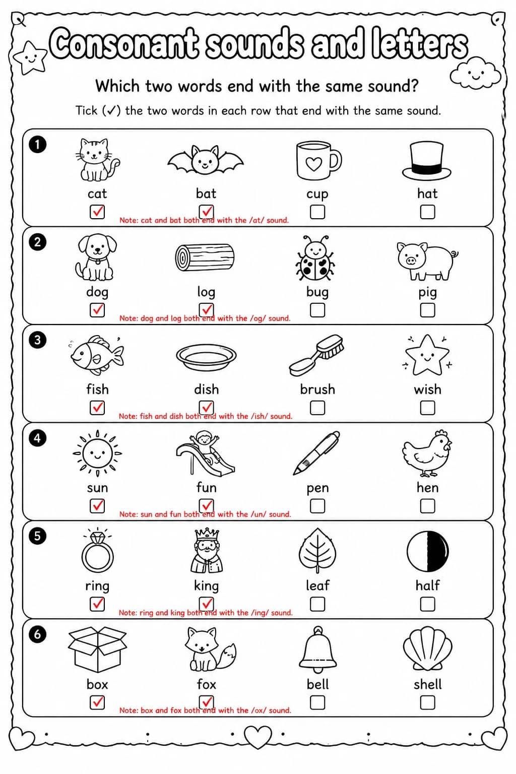 Answer key for Which two words end with the same sound? — free printable English & Reading worksheet