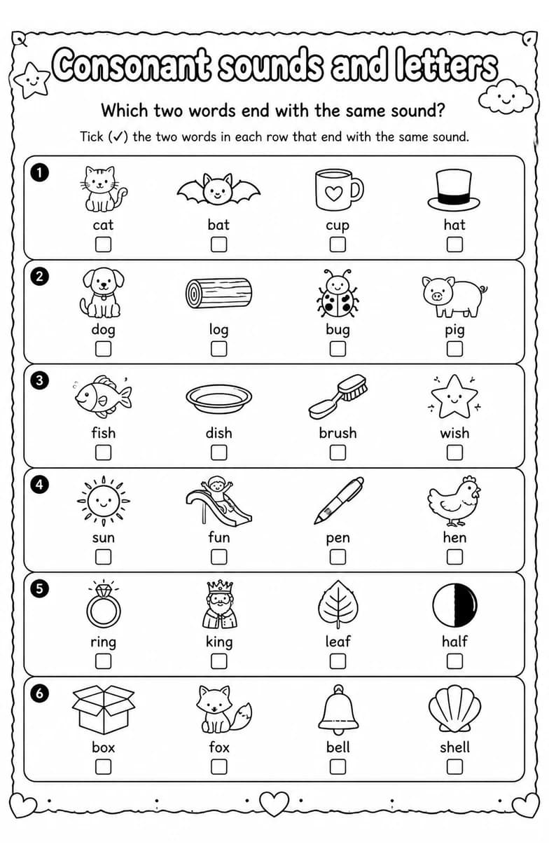 Which two words end with the same sound? — free printable Reading foundations English worksheet