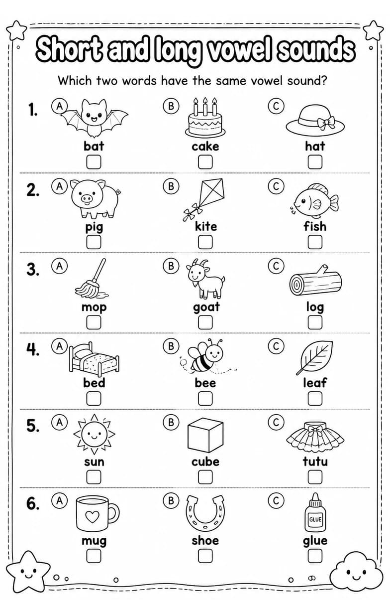 Which two words have the same vowel sound? — free printable Reading foundations English worksheet