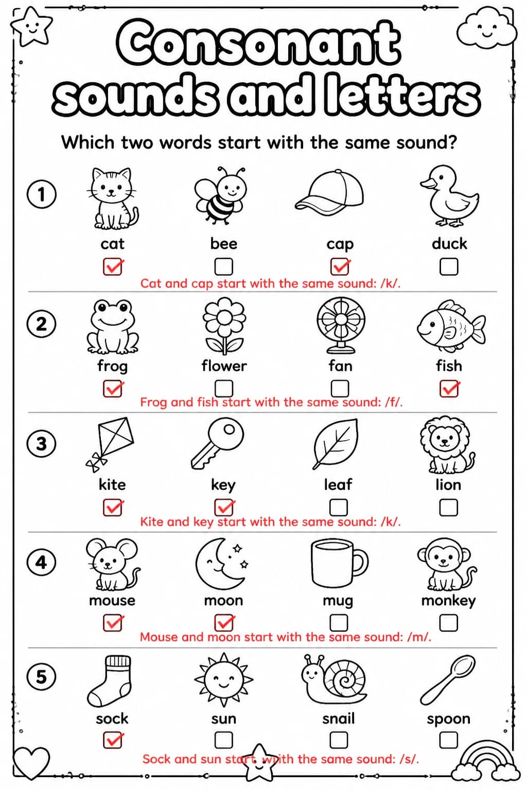 Answer key for Which two words start with the same sound? — free printable English & Reading worksheet