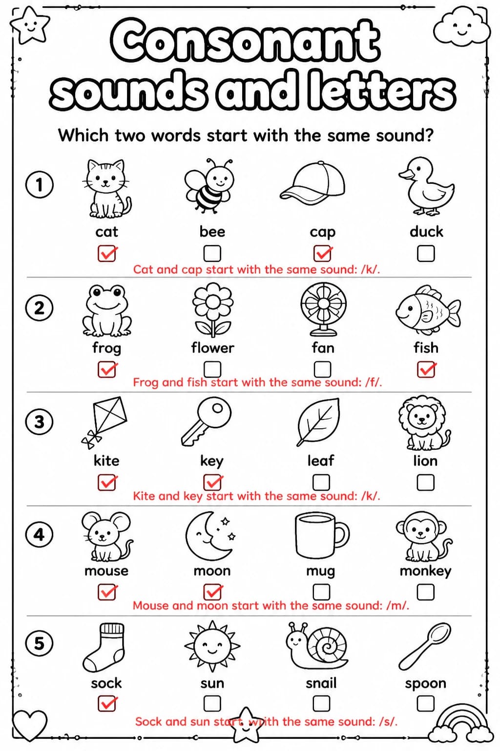 Answer key for Which two words start with the same sound? — free printable English & Reading worksheet