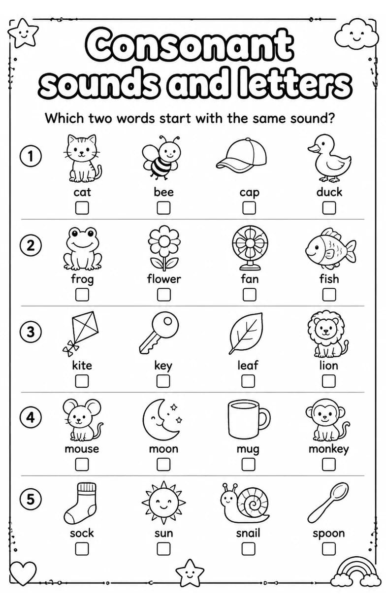 Which two words start with the same sound? — free printable Grade 1 English & Reading worksheet
