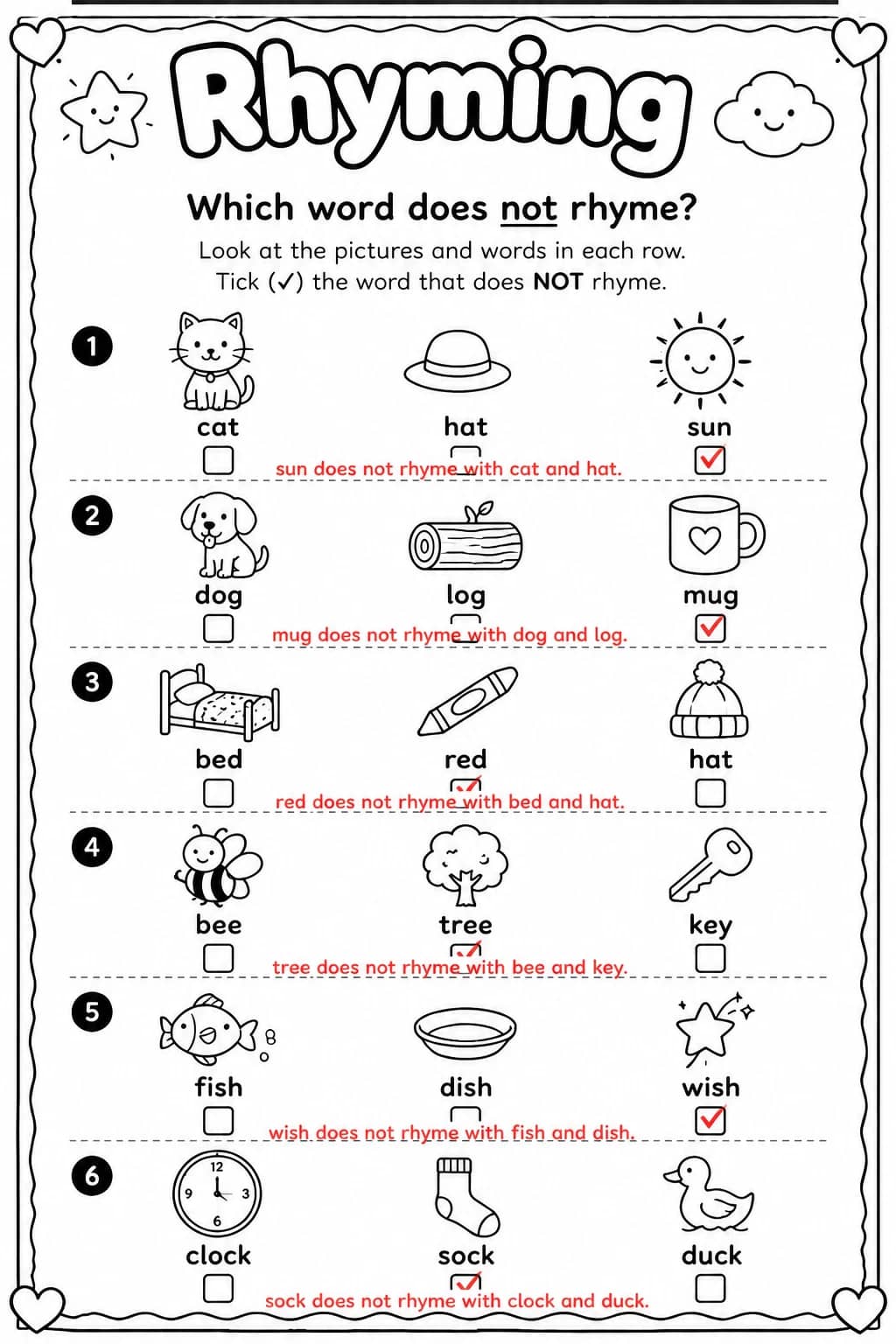 Answer key for Which word does not rhyme? — free printable English & Reading worksheet