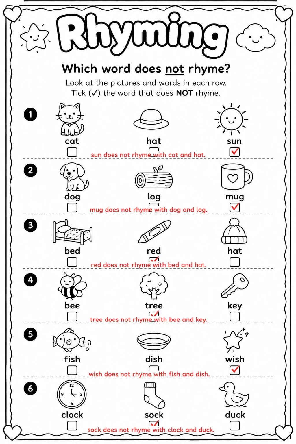 Answer key for Which word does not rhyme? — free printable English & Reading worksheet