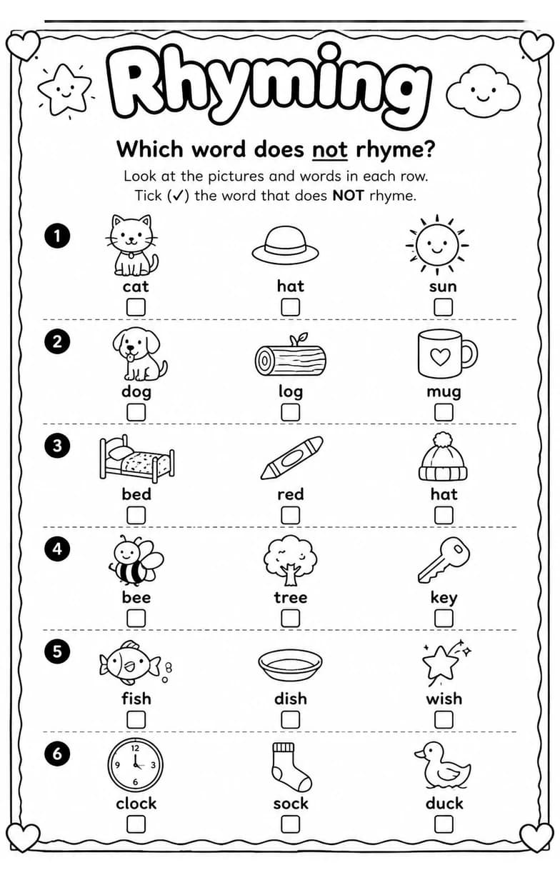 Which word does not rhyme? — free printable Reading foundations English worksheet