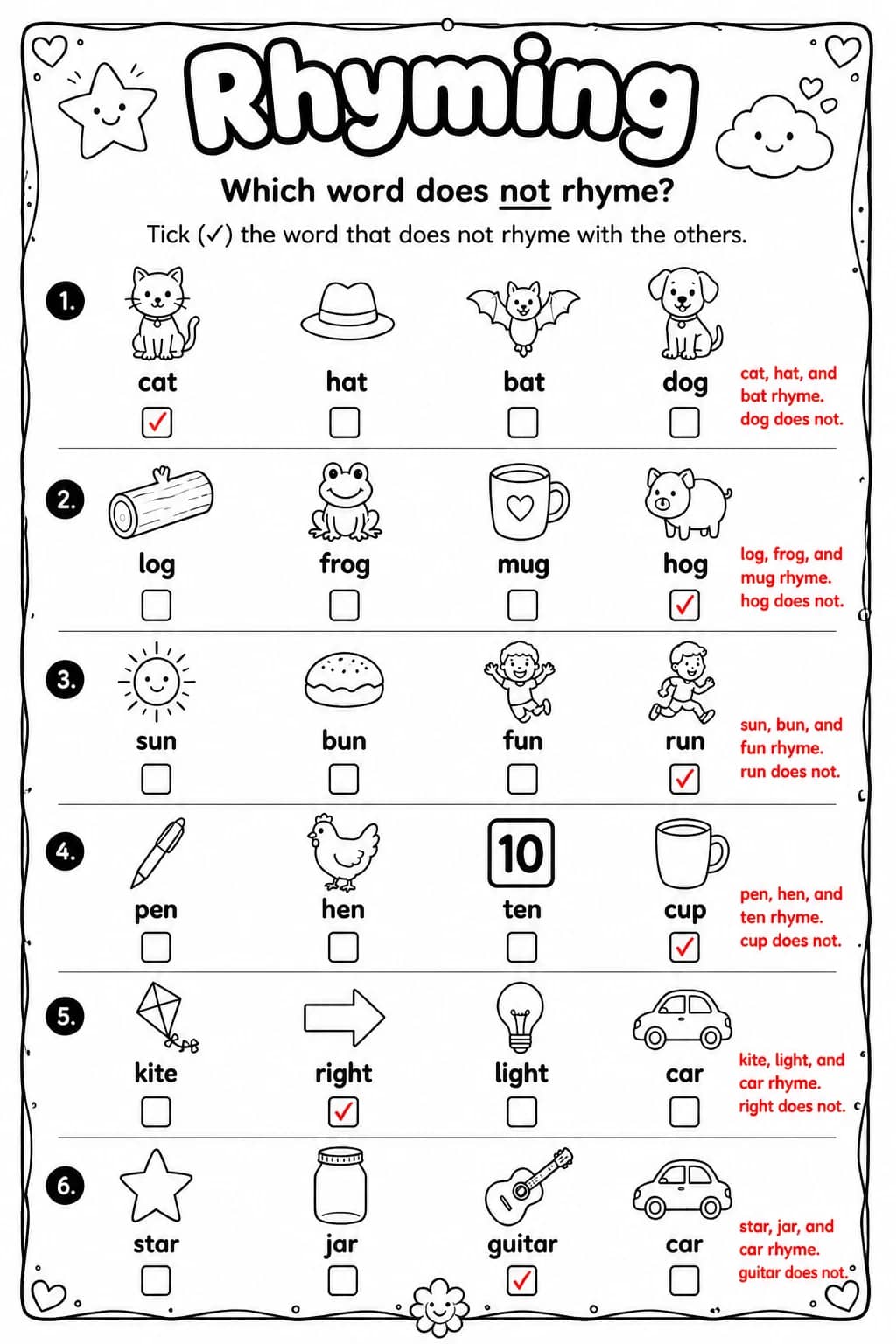 Answer key for Which word does not rhyme? — free printable English & Reading worksheet
