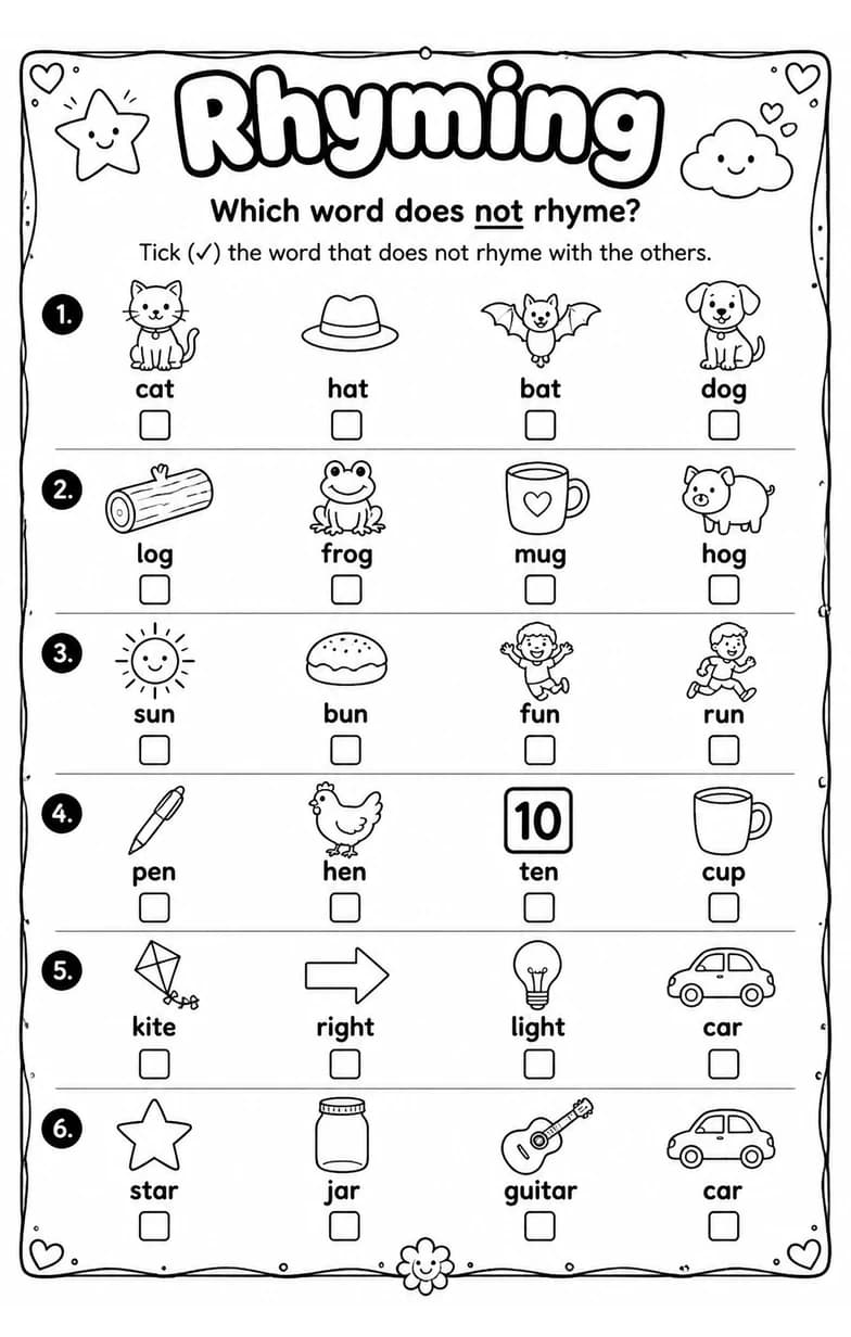 Which word does not rhyme? — free printable Grade 2 English & Reading worksheet
