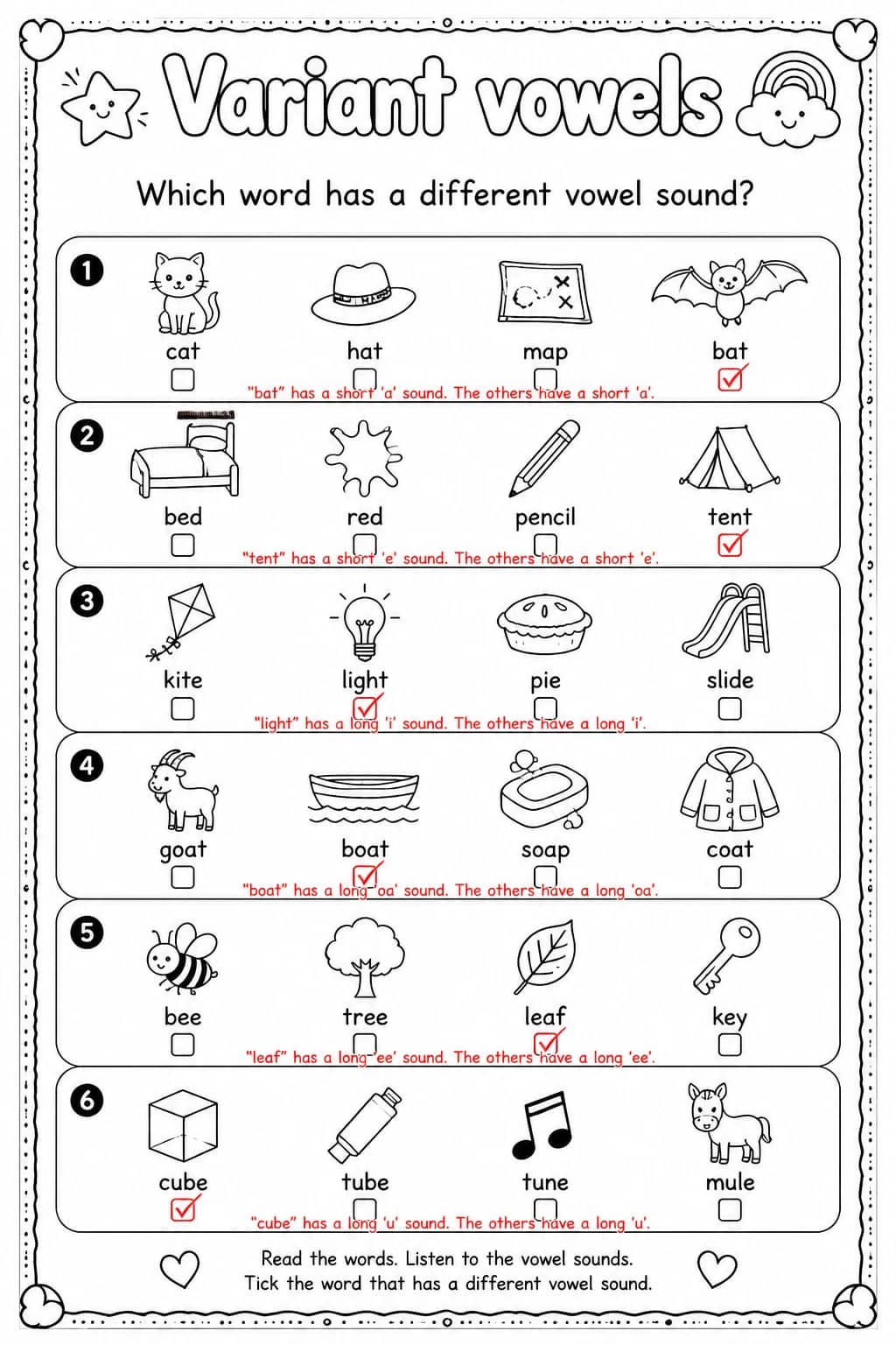 Answer key for Which word has a different vowel sound? — free printable English & Reading worksheet