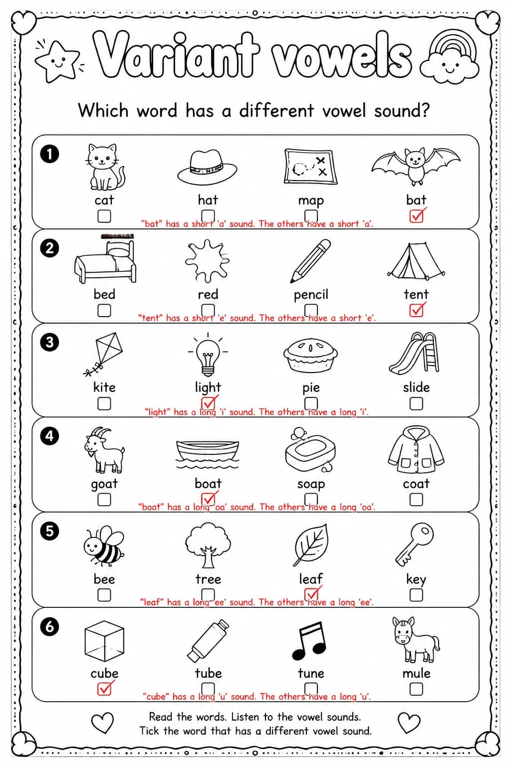 Answer key for Which word has a different vowel sound? — free printable English & Reading worksheet