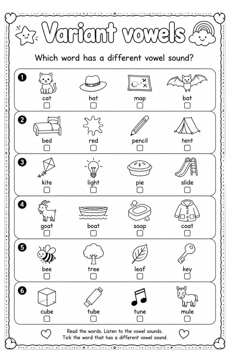 Which word has a different vowel sound? — free printable Grade 2 English & Reading worksheet