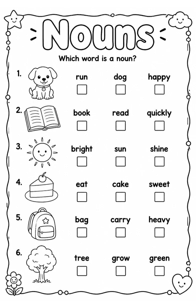 Which word is a noun? — free printable Grade 2 English & Reading worksheet