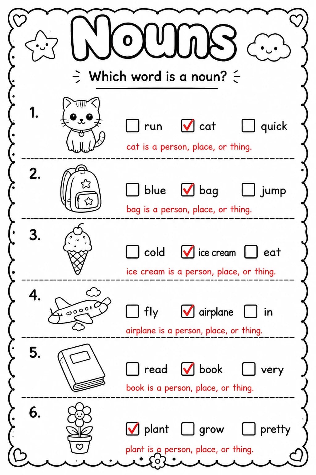 Answer key for Which word is a noun? — free printable English & Reading worksheet