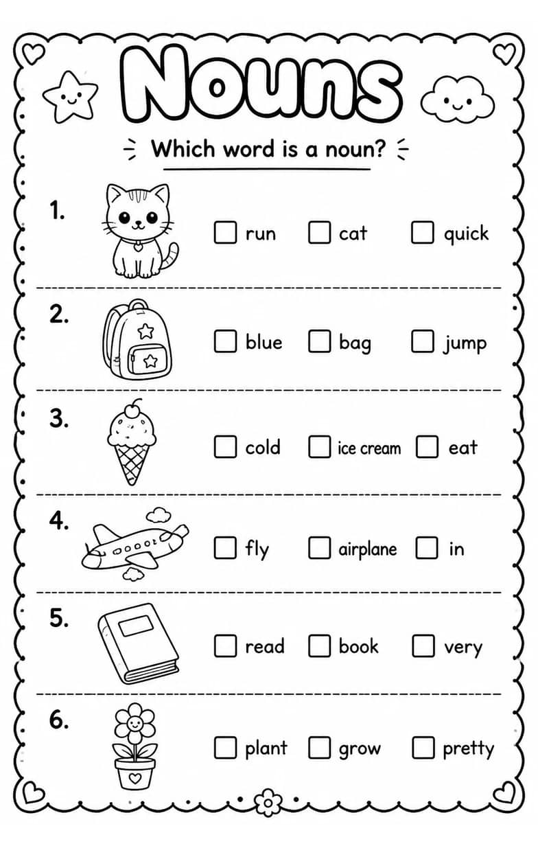 Which word is a noun? — free printable Grammar and mechanics English worksheet