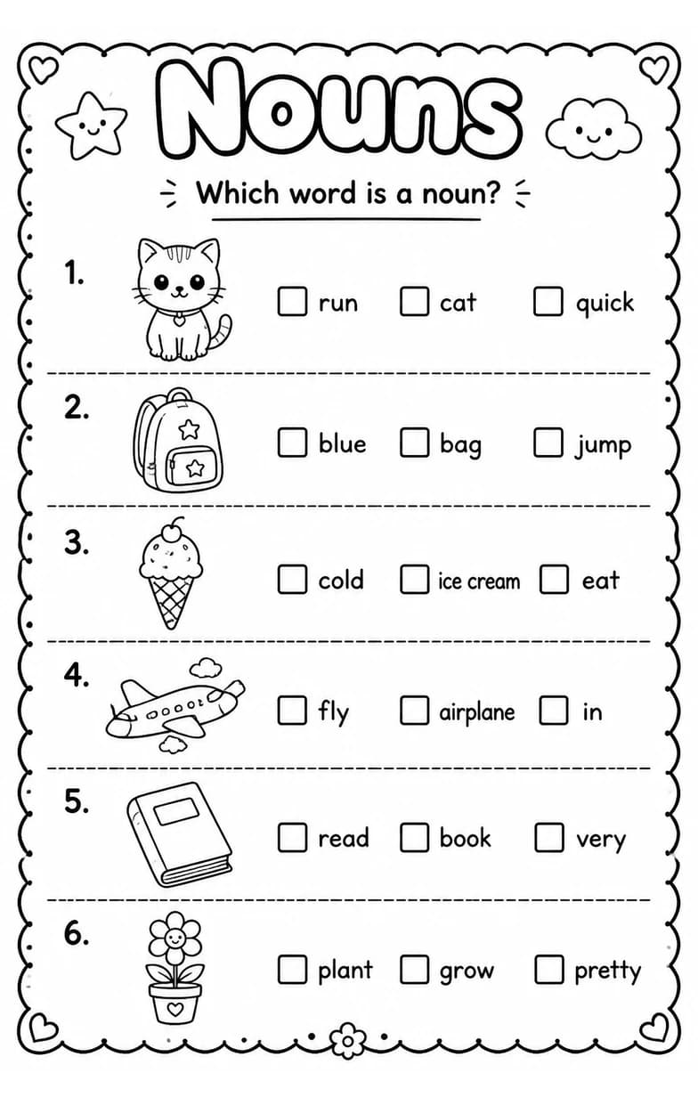 Which word is a noun? — free printable Grade 3 English & Reading worksheet
