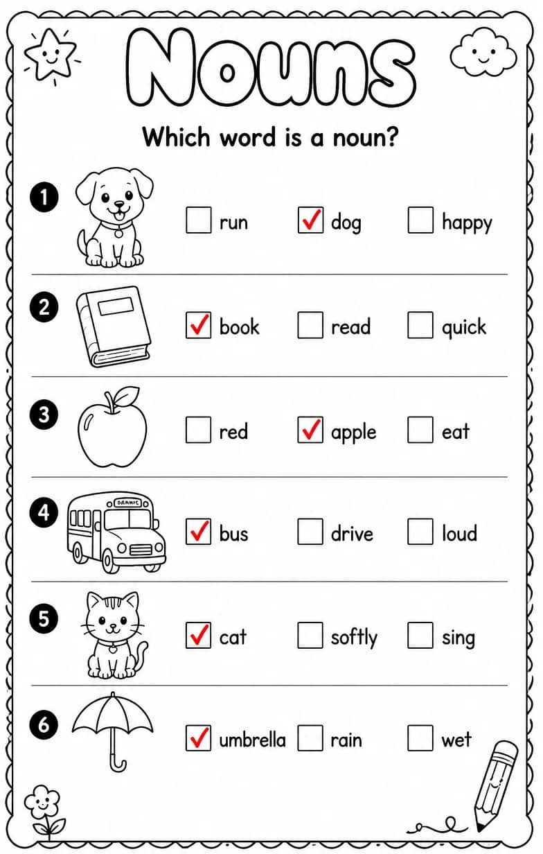 Answer key for Which word is a noun? — free printable English & Reading worksheet