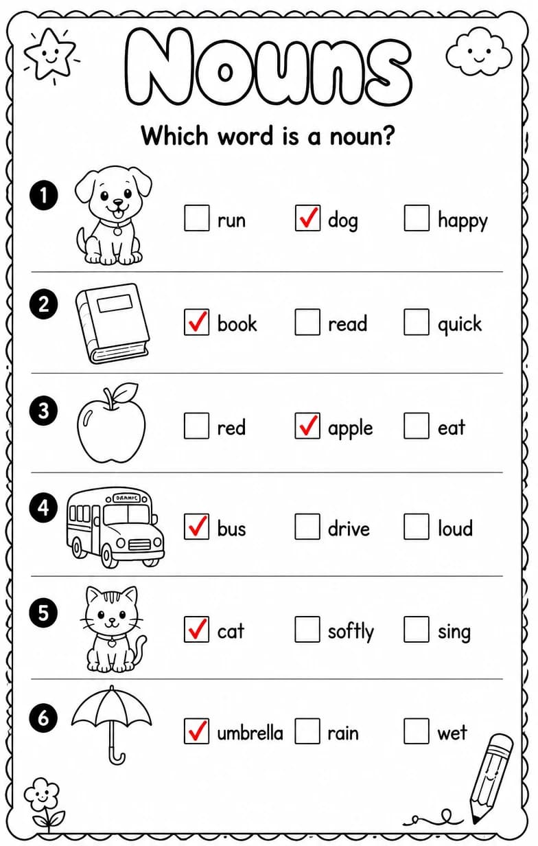 Answer key for Which word is a noun? — free printable English & Reading worksheet
