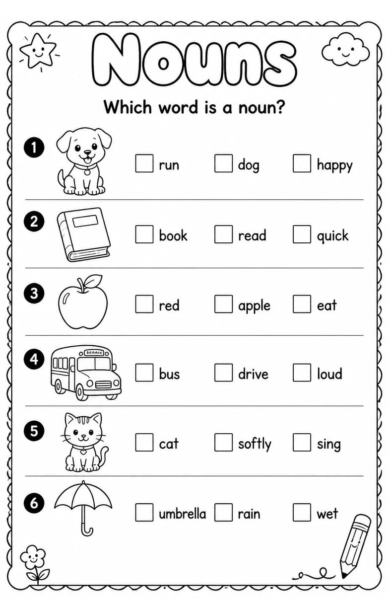 Which word is a noun? — free printable Grammar and mechanics English worksheet