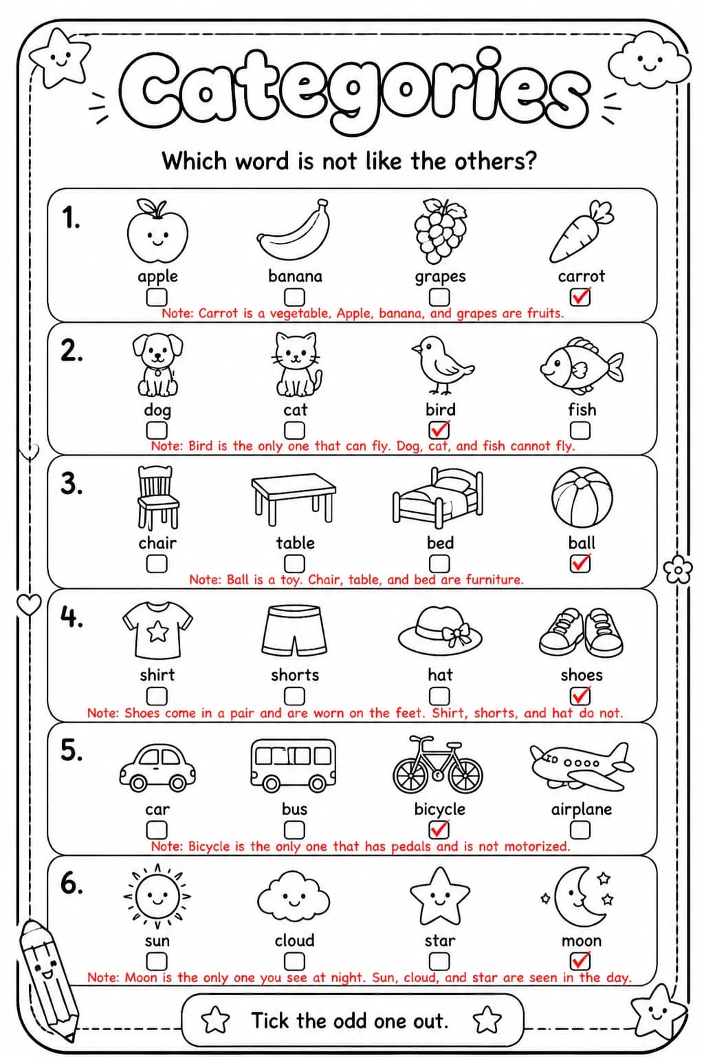 Answer key for Which word is not like the others? — free printable English & Reading worksheet