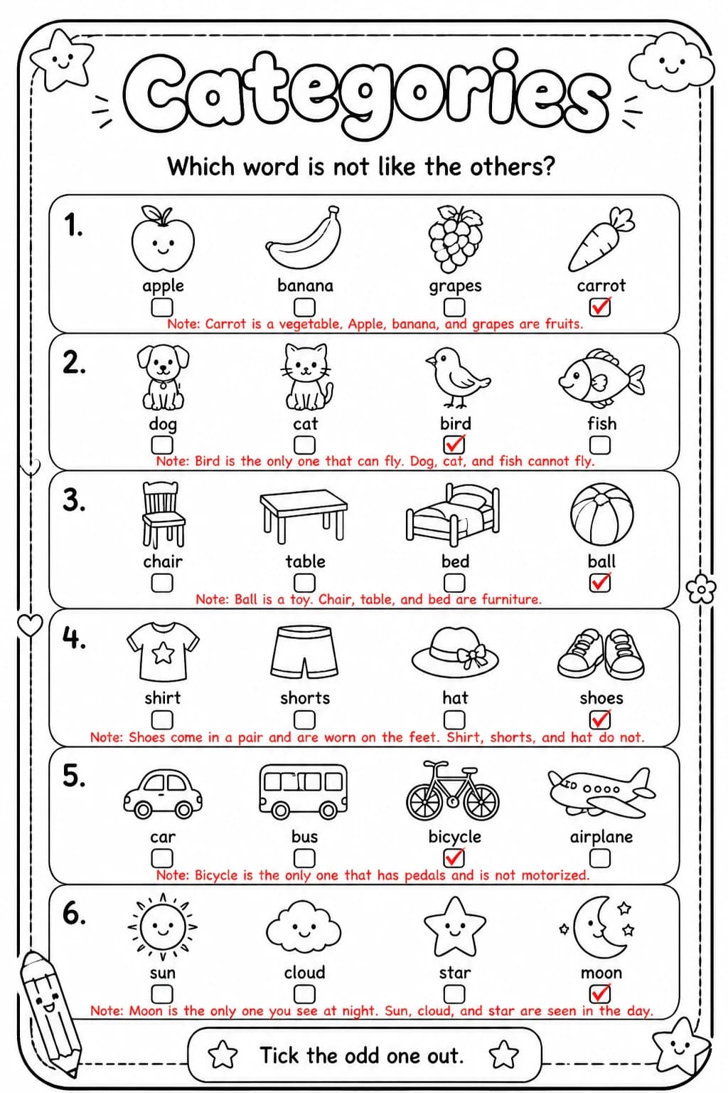 Answer key for Which word is not like the others? — free printable English & Reading worksheet