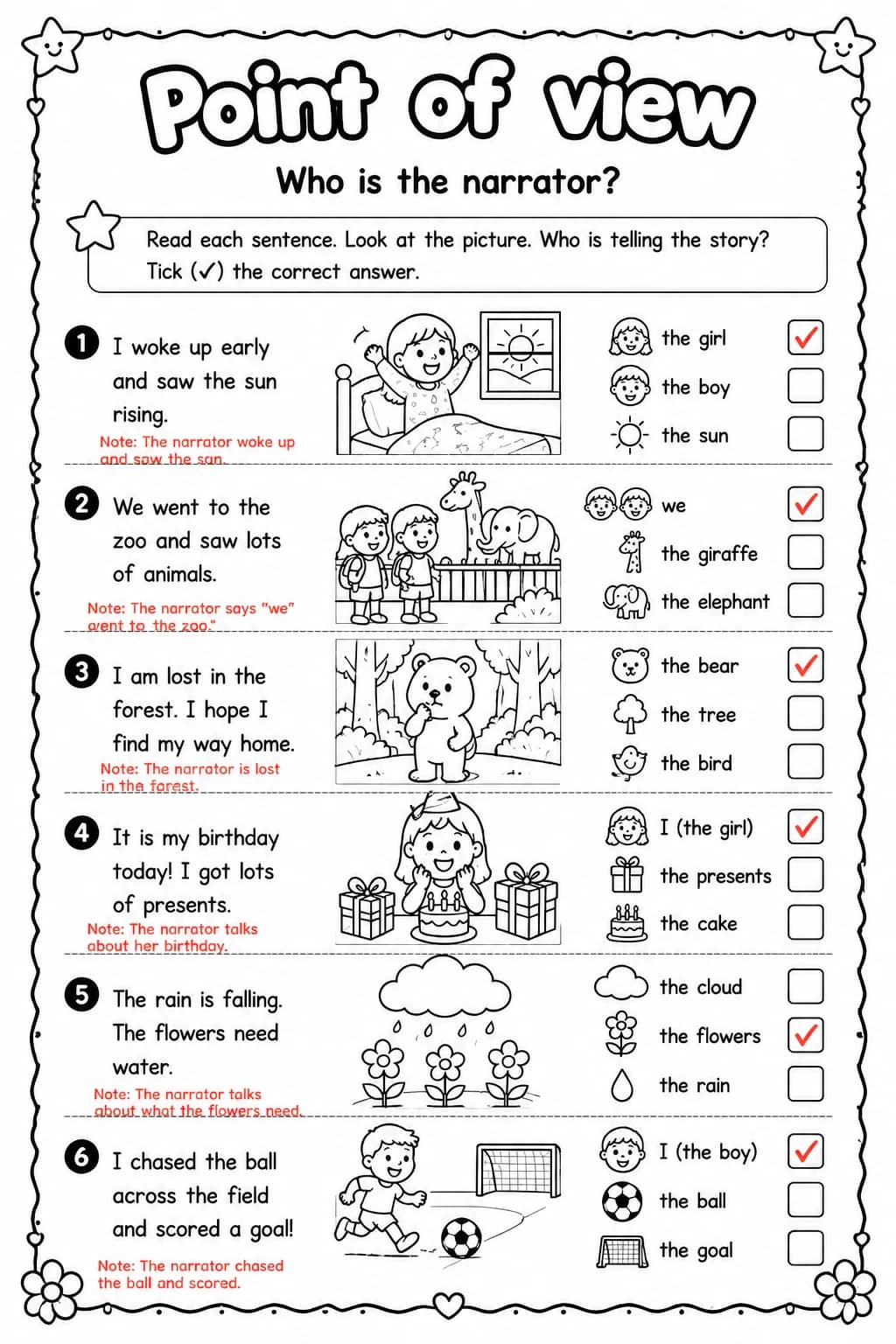 Answer key for Who is the narrator? — free printable English & Reading worksheet