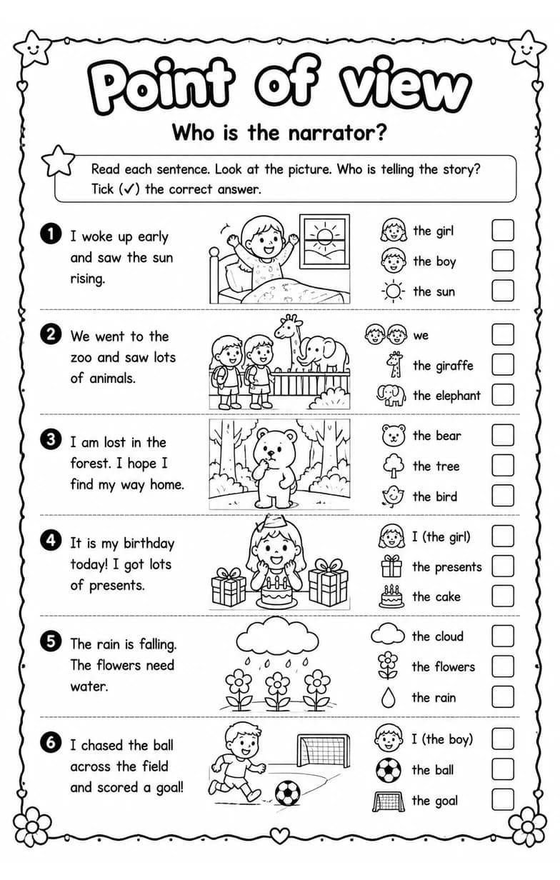 Who is the narrator? — free printable Grade 1 English & Reading worksheet
