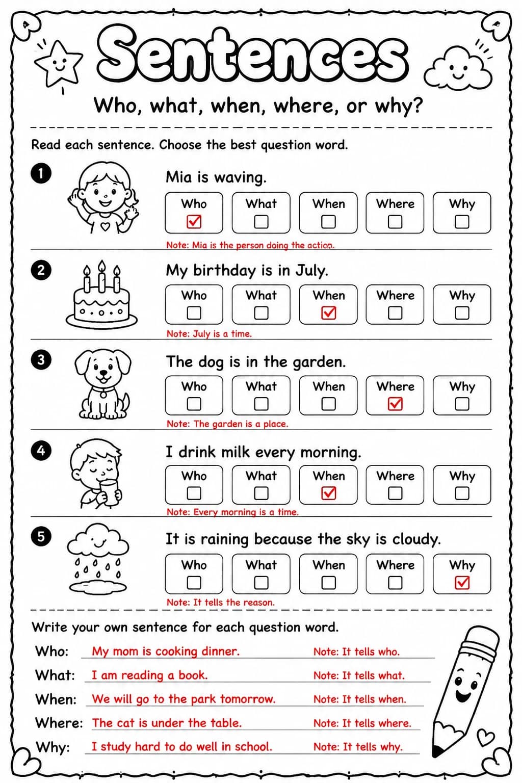Answer key for Who, what, when, where, or why? — free printable English & Reading worksheet