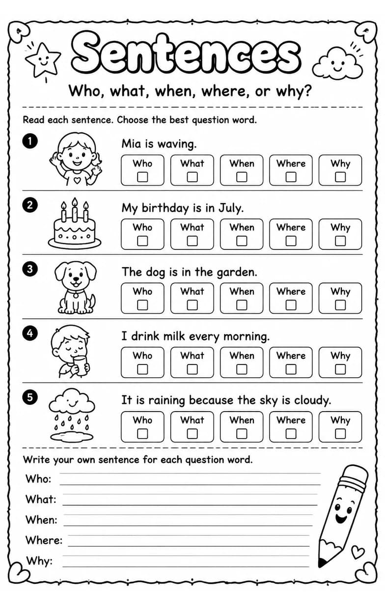 Who, what, when, where, or why? — free printable Grade 1 English & Reading worksheet