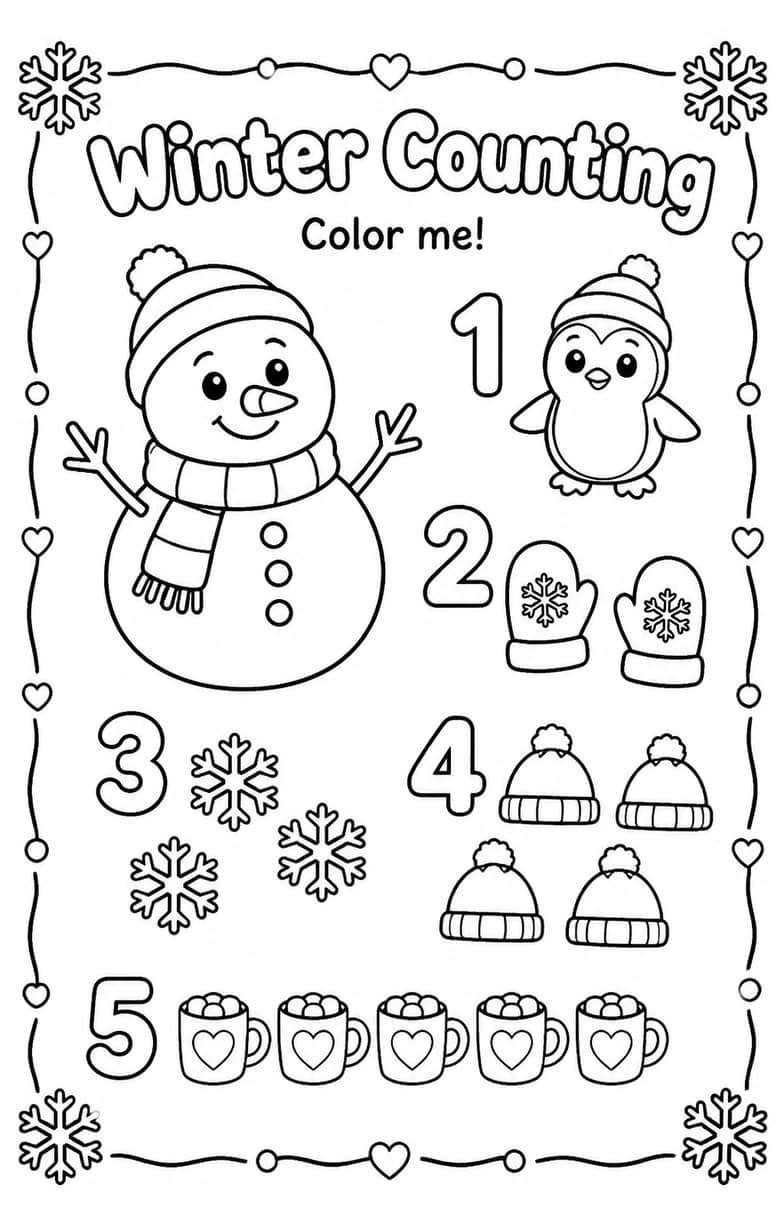 Winter Counting Coloring Page — free printable Grade 1 Math worksheet