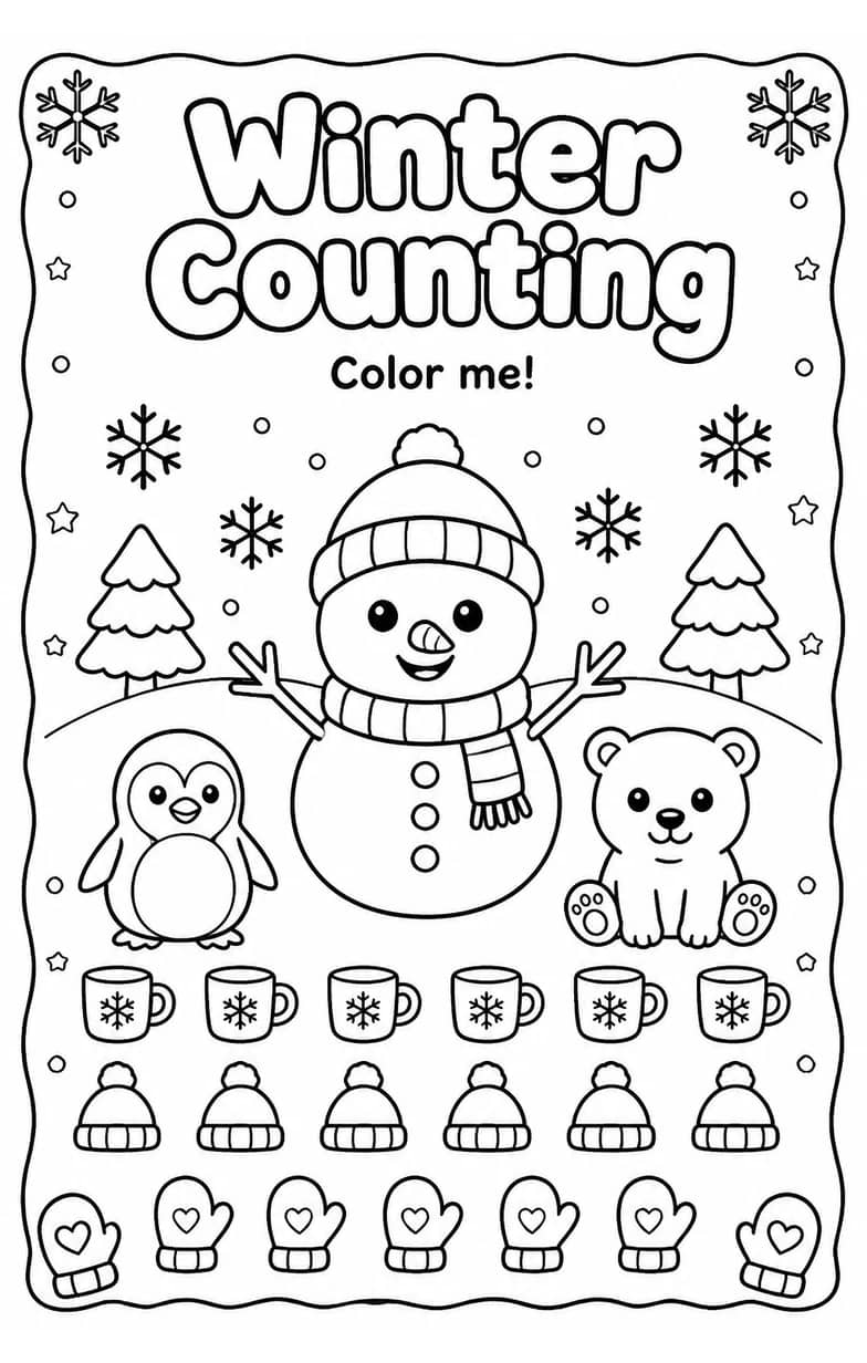 Winter Counting Coloring Page — free printable Pre-K Math worksheet