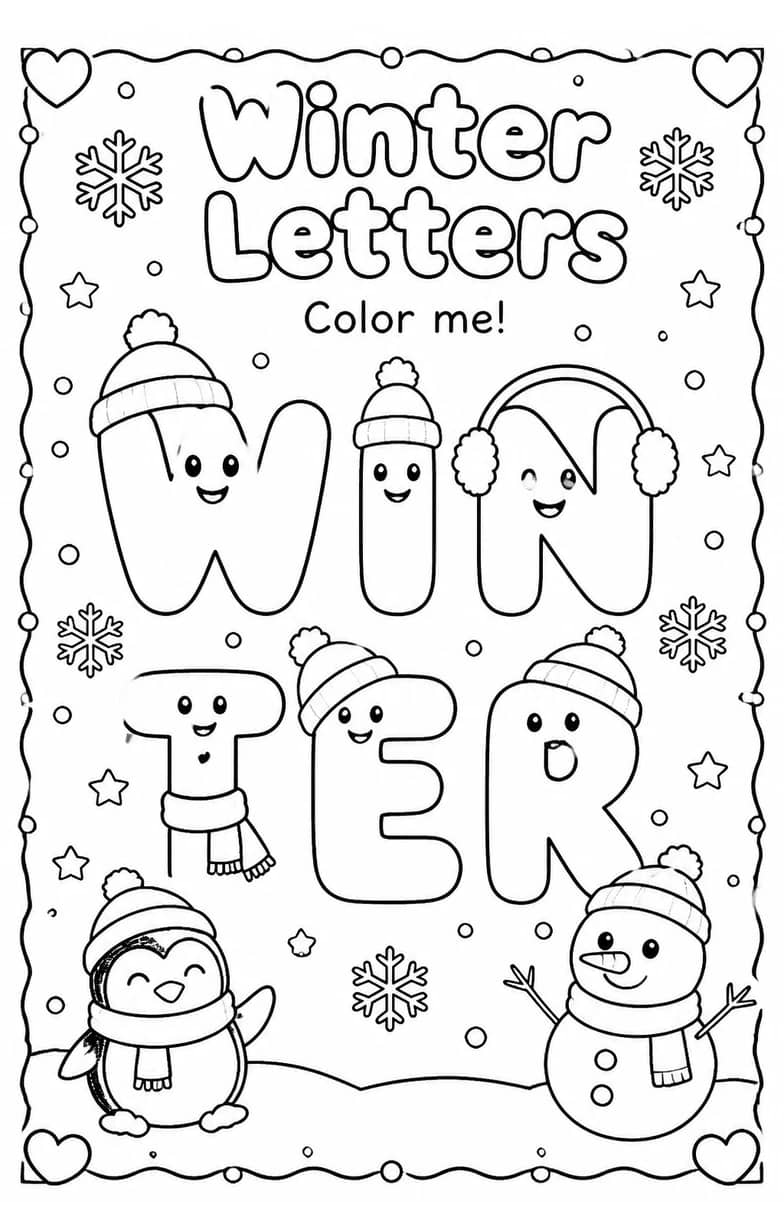 Winter Letters Coloring Page — free printable Kindergarten English & Reading worksheet
