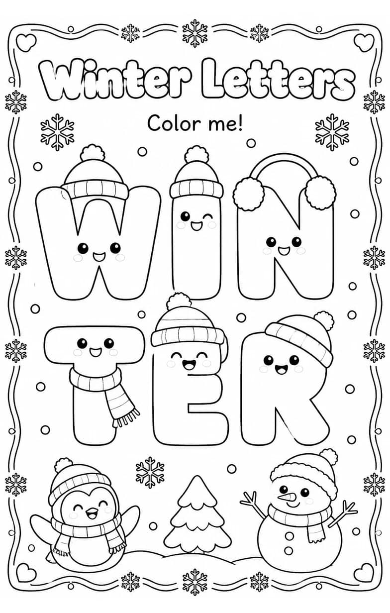 Winter Letters Coloring Page — free printable Pre-K English & Reading worksheet