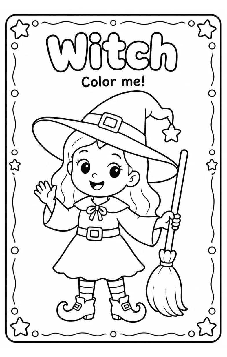Witch Coloring Pages — free printable Kindergarten Art worksheet